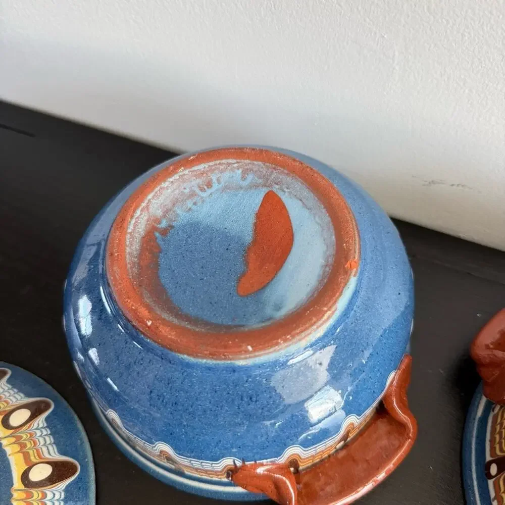 Vintage Bulgarian Redware Clay Pot Lid Traditional Folk Art Pottery Hand Painted